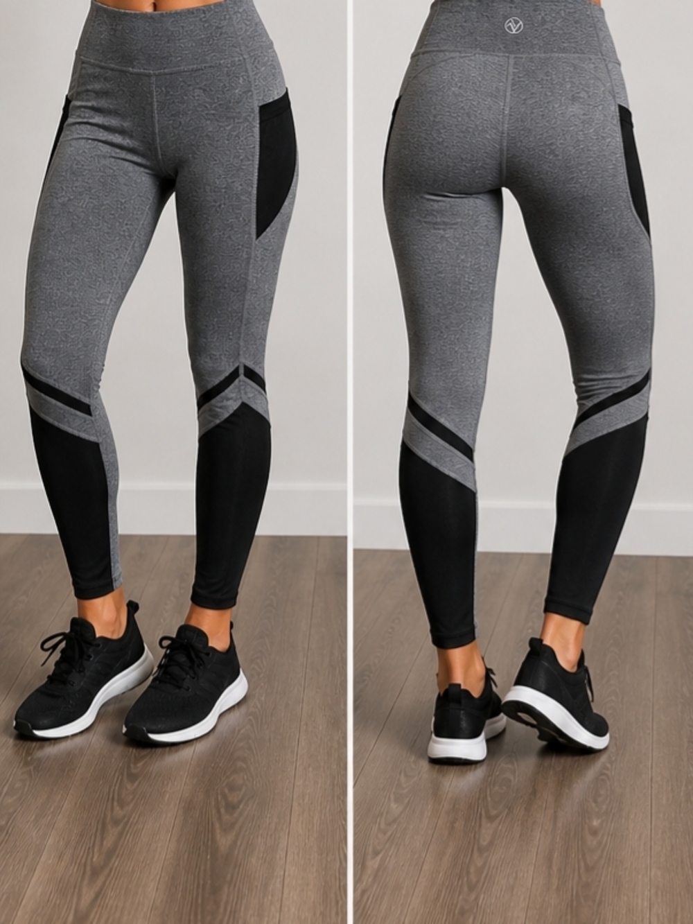 Adrienne Vittadini Gray Black Athletic Leggings High Waist Pockets – Size S